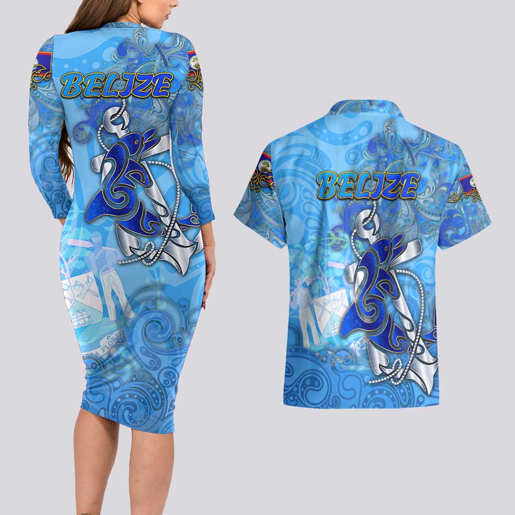 Ocean Spirit of Belize Couples Matching Long Sleeve Bodycon Dress and Hawaiian Shirt Anchored in Belizean Pride - Aussie Hoodie