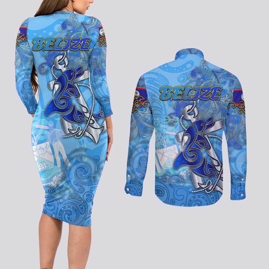 Ocean Spirit of Belize Couples Matching Long Sleeve Bodycon Dress and Long Sleeve Button Shirt Anchored in Belizean Pride - Aussie Hoodie