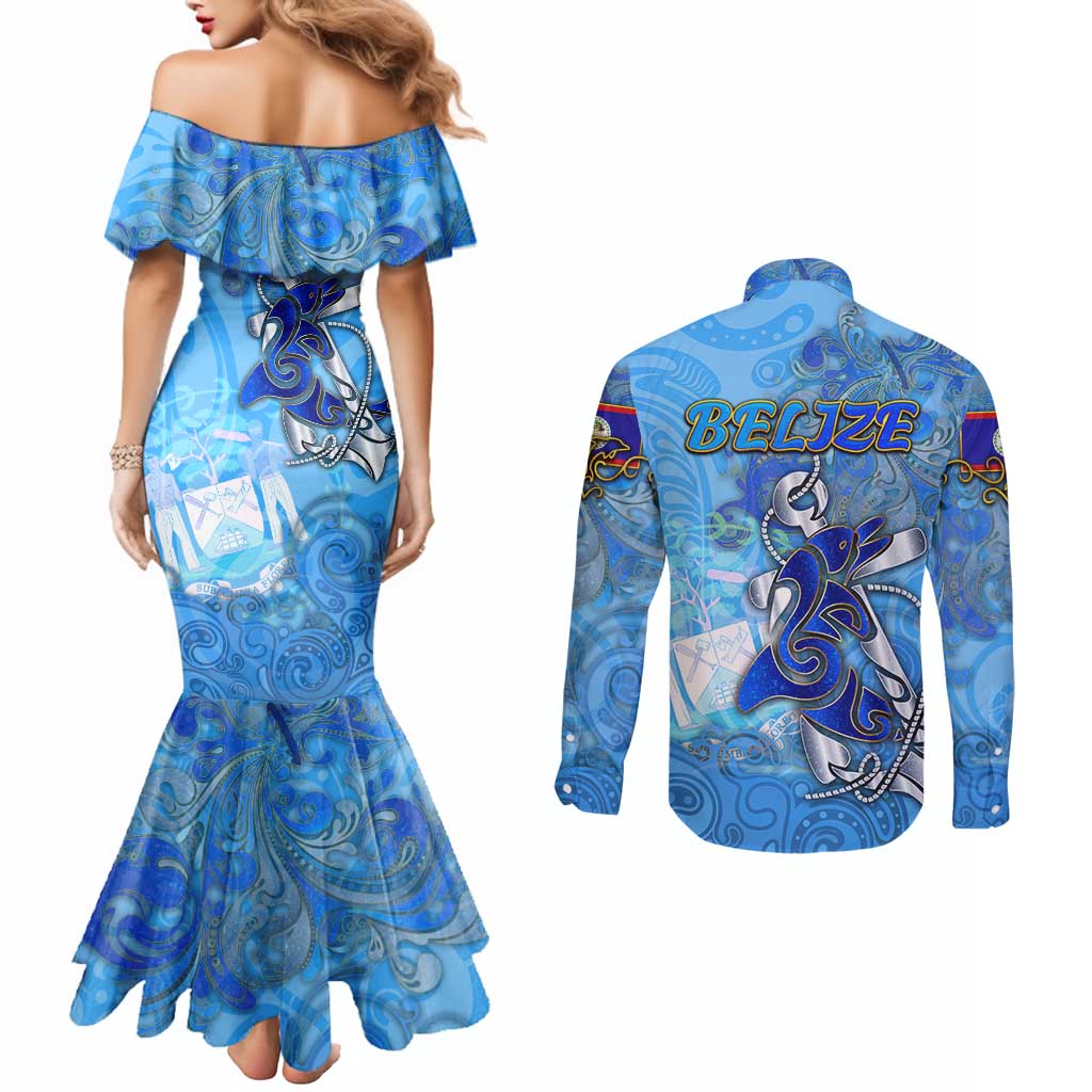 Ocean Spirit of Belize Couples Matching Mermaid Dress and Long Sleeve Button Shirt Anchored in Belizean Pride - Aussie Hoodie