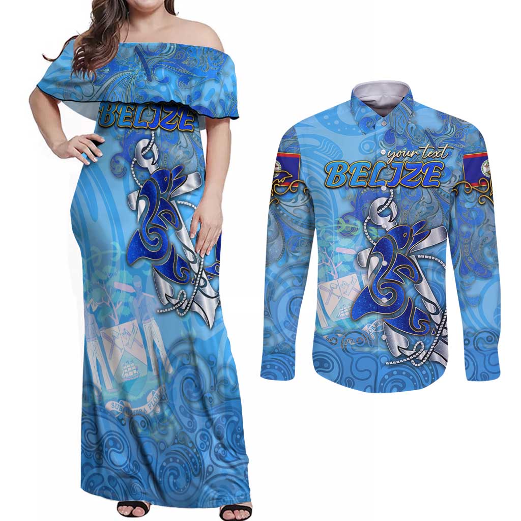 Ocean Spirit of Belize Couples Matching Off Shoulder Maxi Dress and Long Sleeve Button Shirt Anchored in Belizean Pride - Aussie Hoodie