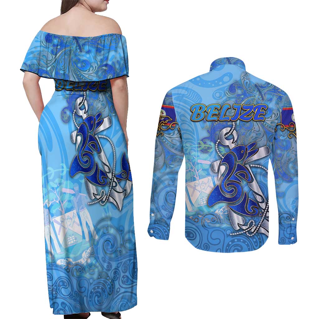 Ocean Spirit of Belize Couples Matching Off Shoulder Maxi Dress and Long Sleeve Button Shirt Anchored in Belizean Pride - Aussie Hoodie