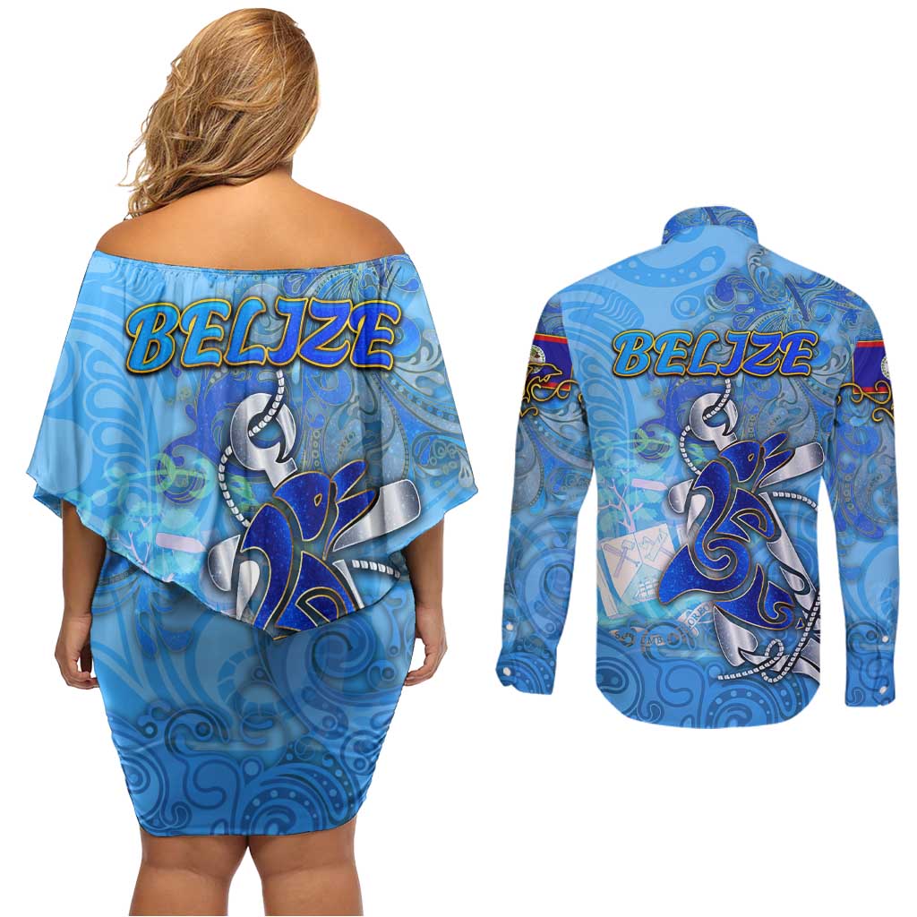 Ocean Spirit of Belize Couples Matching Off Shoulder Short Dress and Long Sleeve Button Shirt Anchored in Belizean Pride - Aussie Hoodie