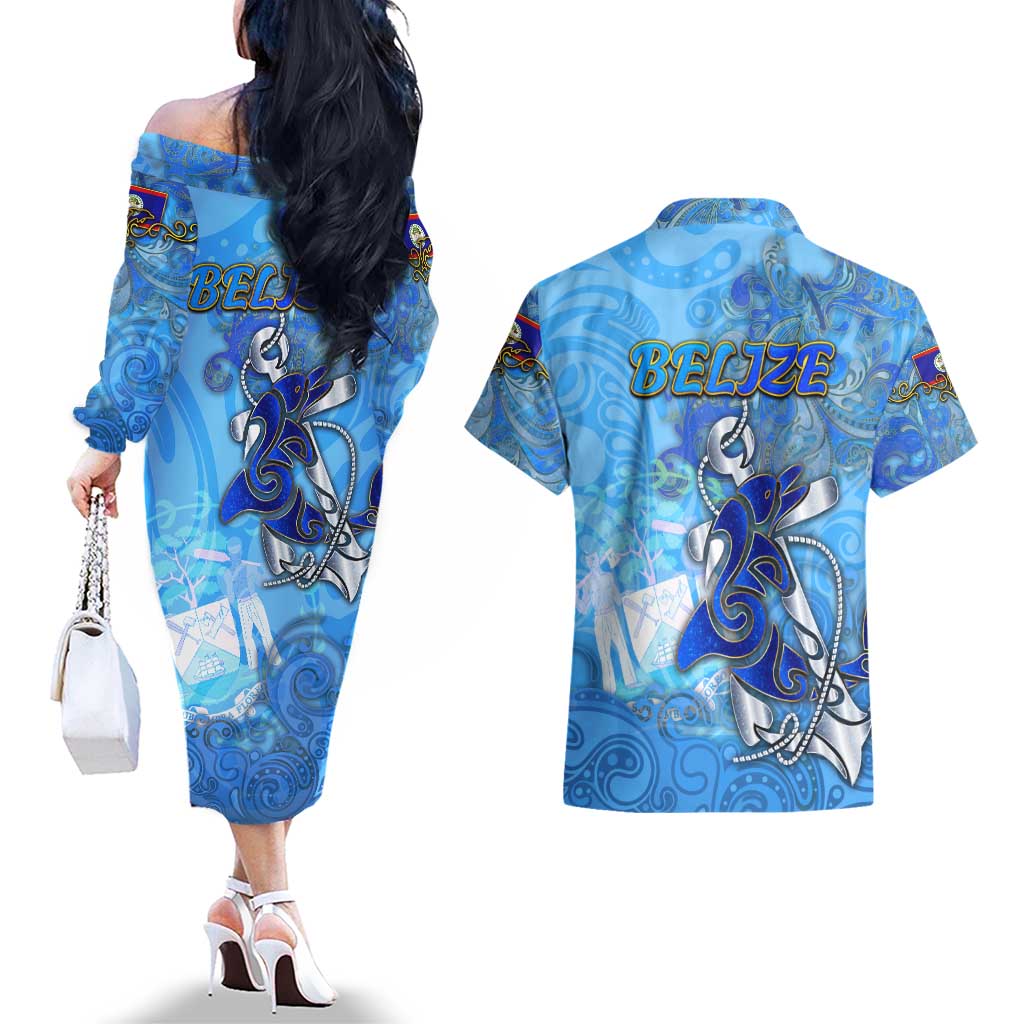Ocean Spirit of Belize Couples Matching Off The Shoulder Long Sleeve Dress and Hawaiian Shirt Anchored in Belizean Pride - Aussie Hoodie