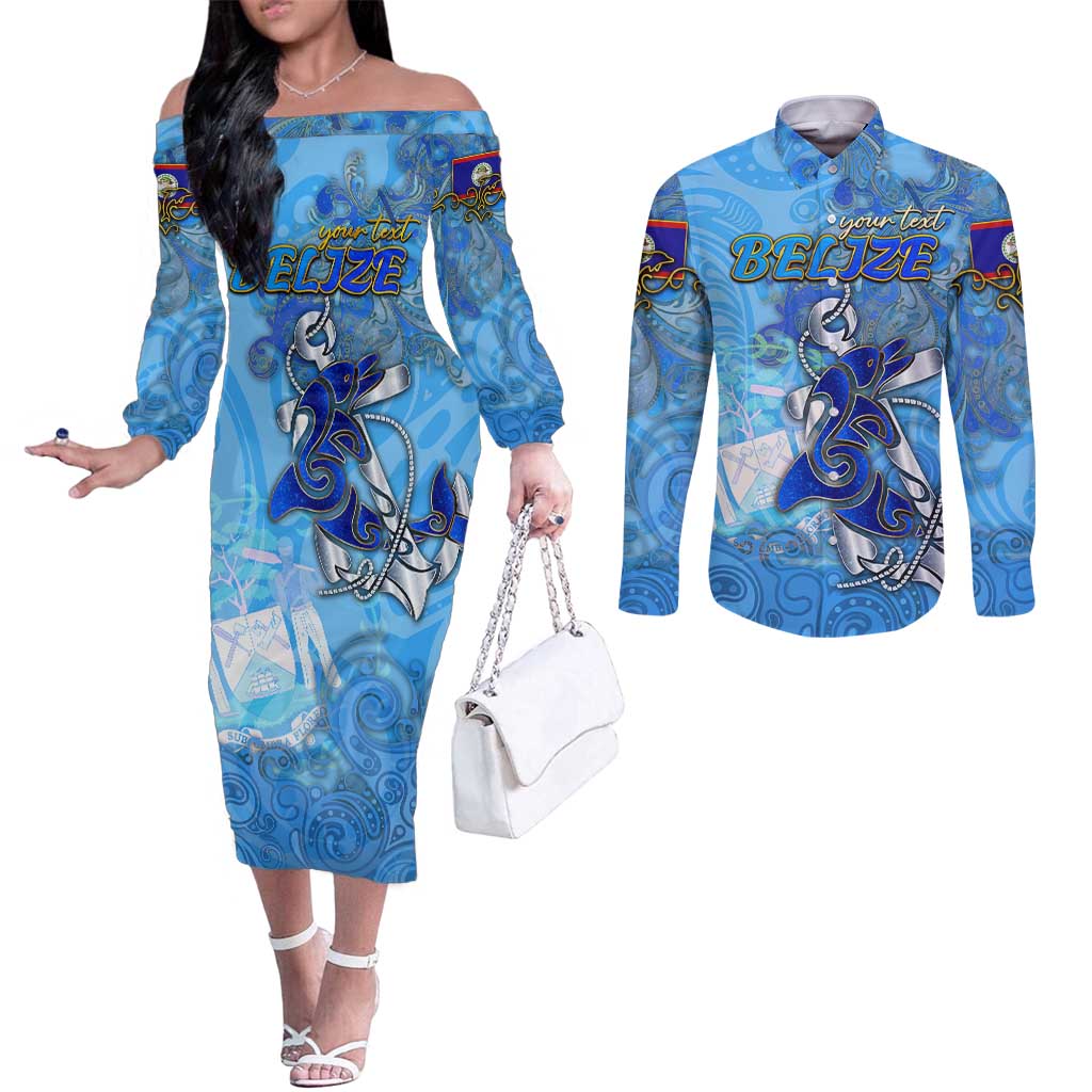 Ocean Spirit of Belize Couples Matching Off The Shoulder Long Sleeve Dress and Long Sleeve Button Shirt Anchored in Belizean Pride - Aussie Hoodie