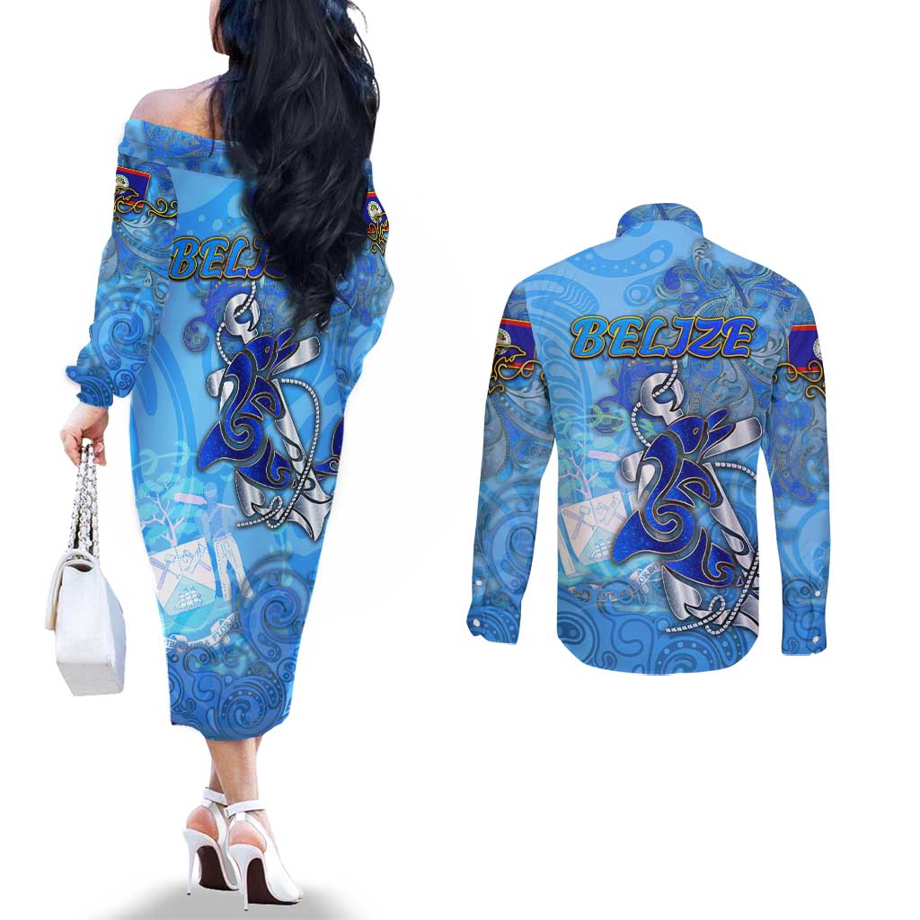 Ocean Spirit of Belize Couples Matching Off The Shoulder Long Sleeve Dress and Long Sleeve Button Shirt Anchored in Belizean Pride - Aussie Hoodie