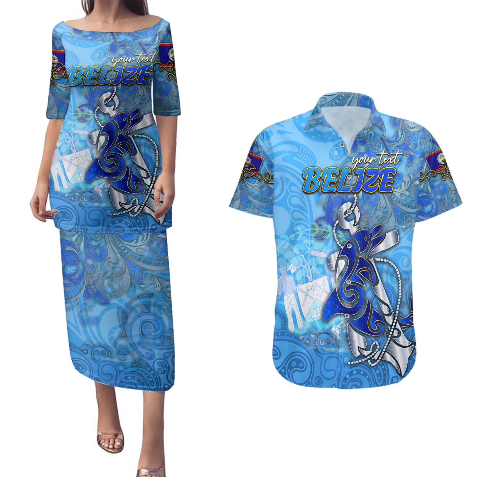 Ocean Spirit of Belize Couples Matching Puletasi and Hawaiian Shirt Anchored in Belizean Pride - Aussie Hoodie