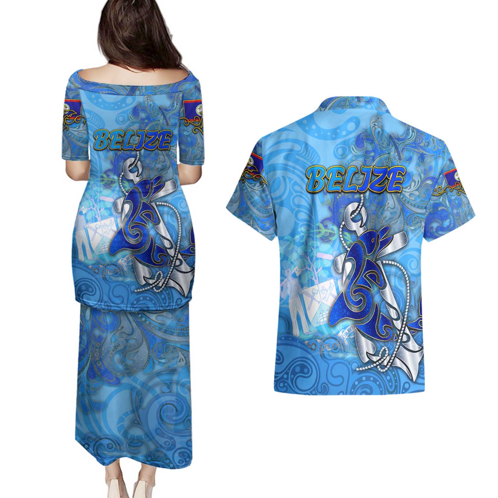 Ocean Spirit of Belize Couples Matching Puletasi and Hawaiian Shirt Anchored in Belizean Pride - Aussie Hoodie