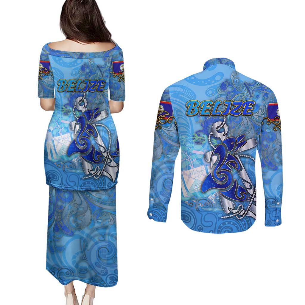 Ocean Spirit of Belize Couples Matching Puletasi and Long Sleeve Button Shirt Anchored in Belizean Pride - Aussie Hoodie