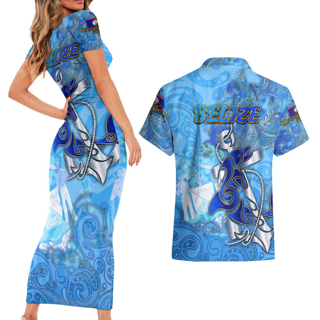 Ocean Spirit of Belize Couples Matching Short Sleeve Bodycon Dress and Hawaiian Shirt Anchored in Belizean Pride - Aussie Hoodie