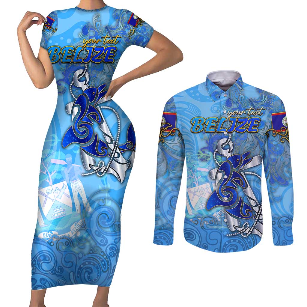Ocean Spirit of Belize Couples Matching Short Sleeve Bodycon Dress and Long Sleeve Button Shirt Anchored in Belizean Pride - Aussie Hoodie
