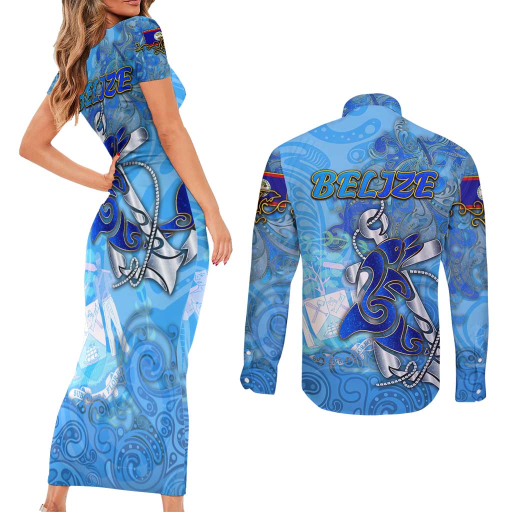 Ocean Spirit of Belize Couples Matching Short Sleeve Bodycon Dress and Long Sleeve Button Shirt Anchored in Belizean Pride - Aussie Hoodie