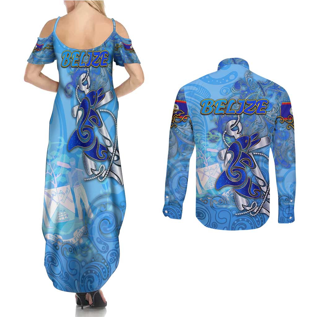 Ocean Spirit of Belize Couples Matching Summer Maxi Dress and Long Sleeve Button Shirt Anchored in Belizean Pride - Aussie Hoodie
