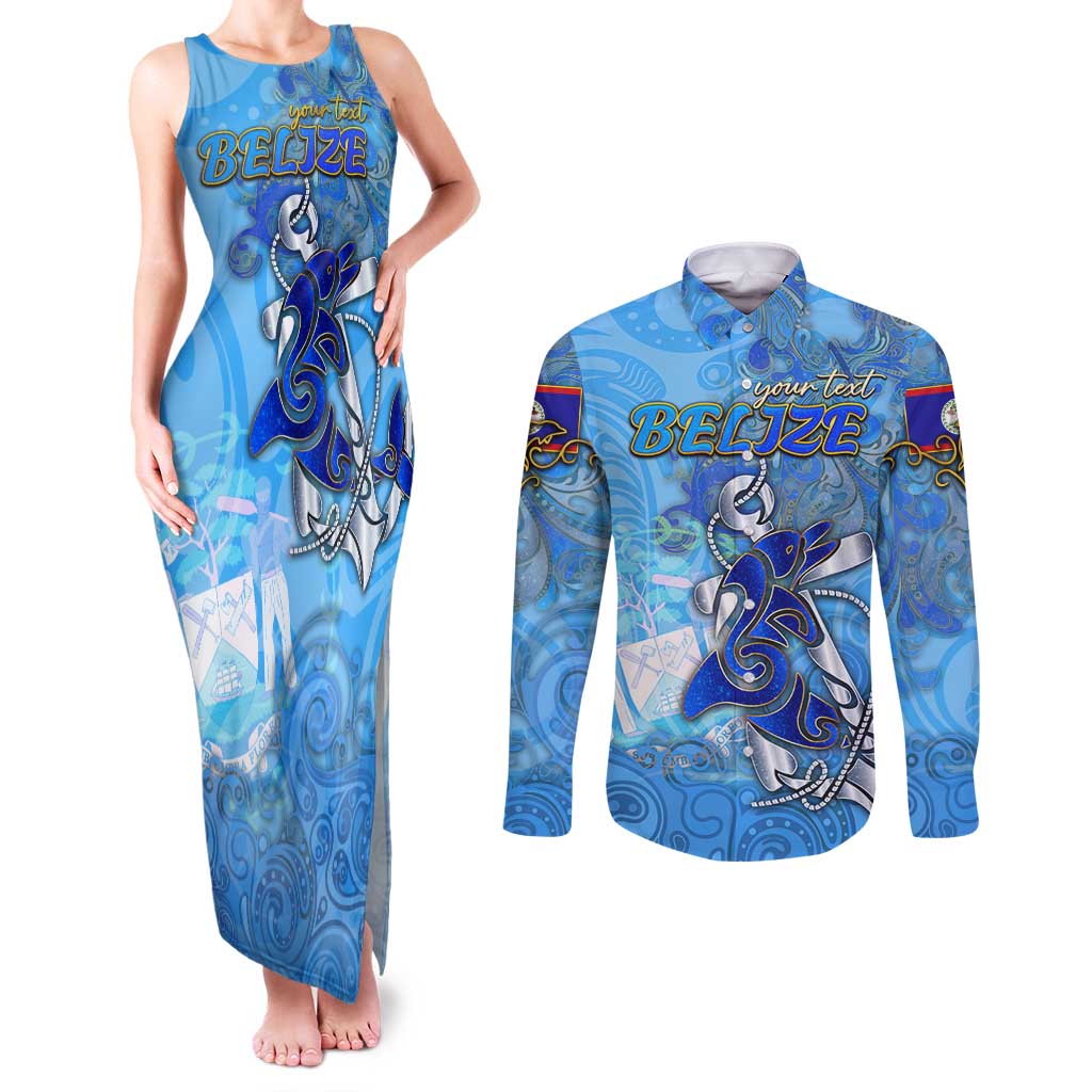 Ocean Spirit of Belize Couples Matching Tank Maxi Dress and Long Sleeve Button Shirt Anchored in Belizean Pride - Aussie Hoodie