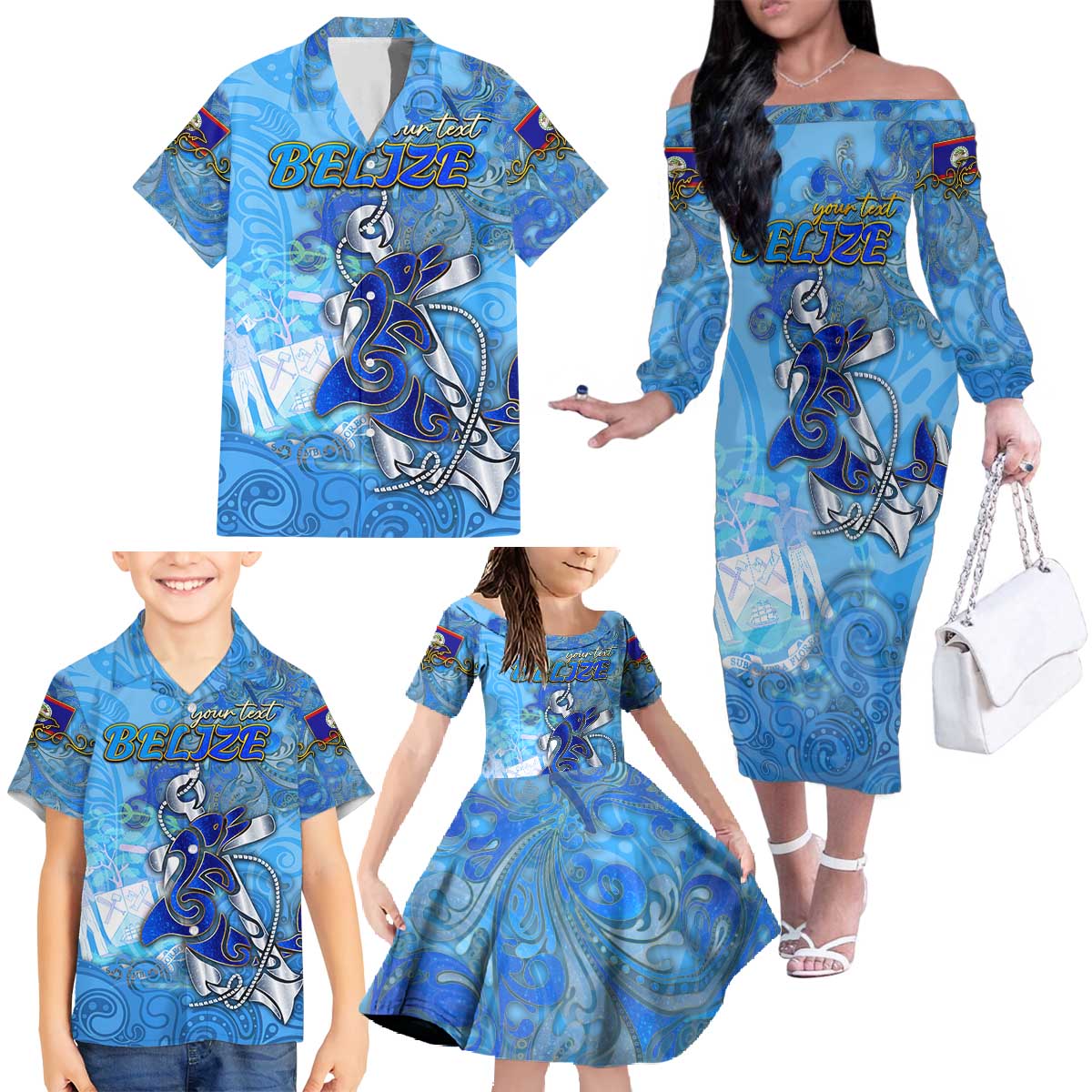 Ocean Spirit of Belize Family Matching Off The Shoulder Long Sleeve Dress and Hawaiian Shirt Anchored in Belizean Pride - Aussie Hoodie