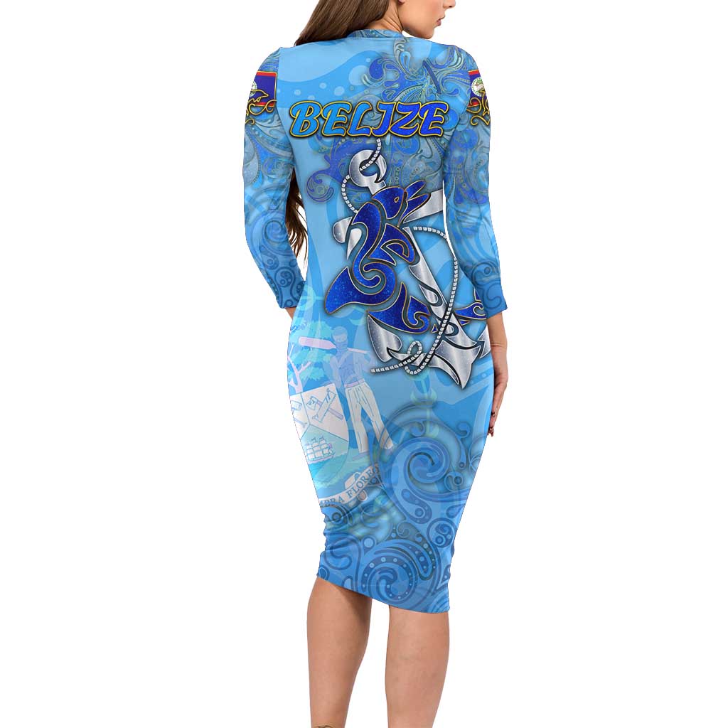 Ocean Spirit of Belize Long Sleeve Bodycon Dress Anchored in Belizean Pride - Aussie Hoodie