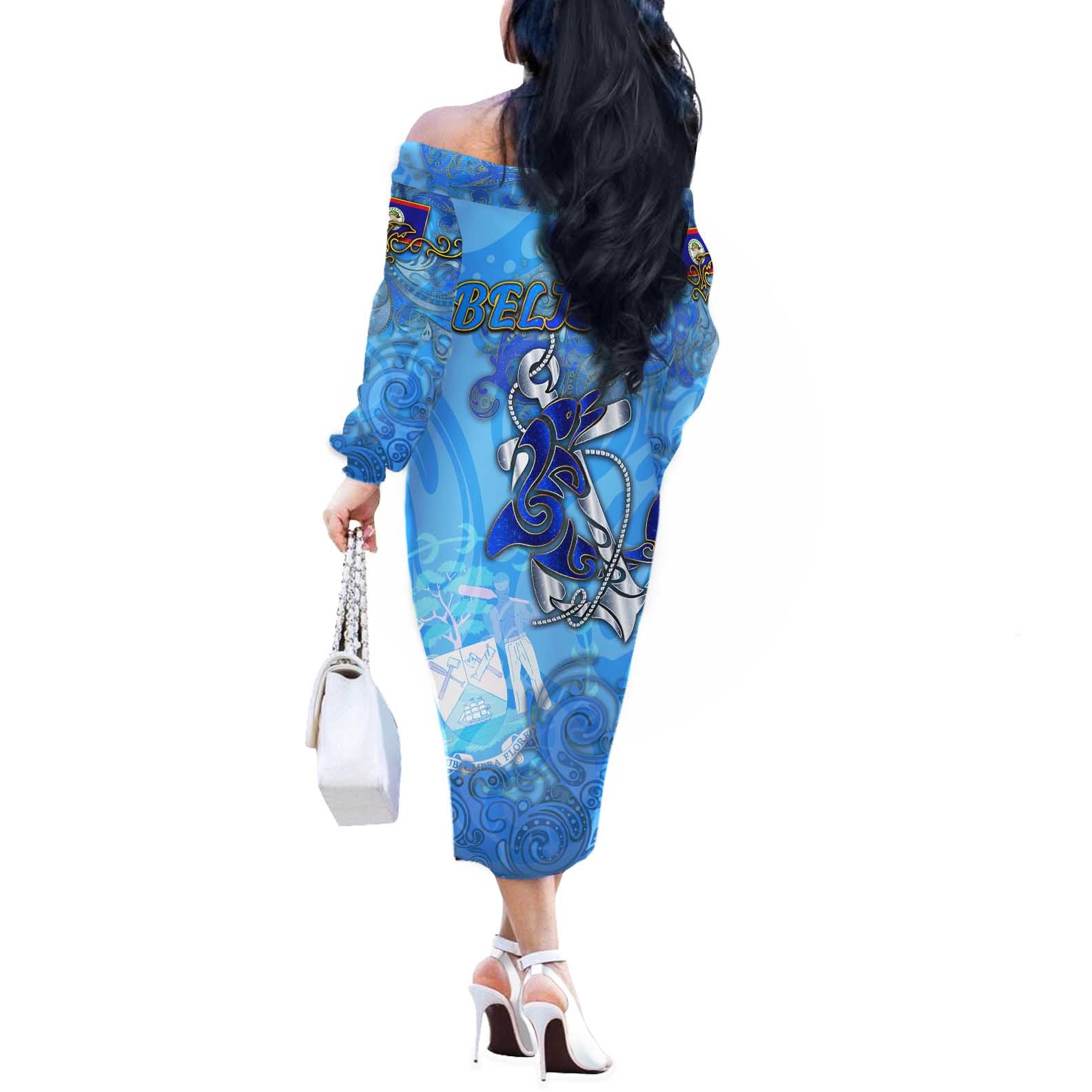 Ocean Spirit of Belize Off The Shoulder Long Sleeve Dress Anchored in Belizean Pride - Aussie Hoodie