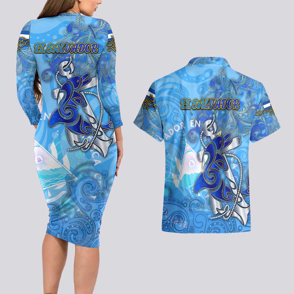 Ocean Spirit of El Salvador Couples Matching Long Sleeve Bodycon Dress and Hawaiian Shirt Anchored in Salvadoran Pride - Aussie Hoodie
