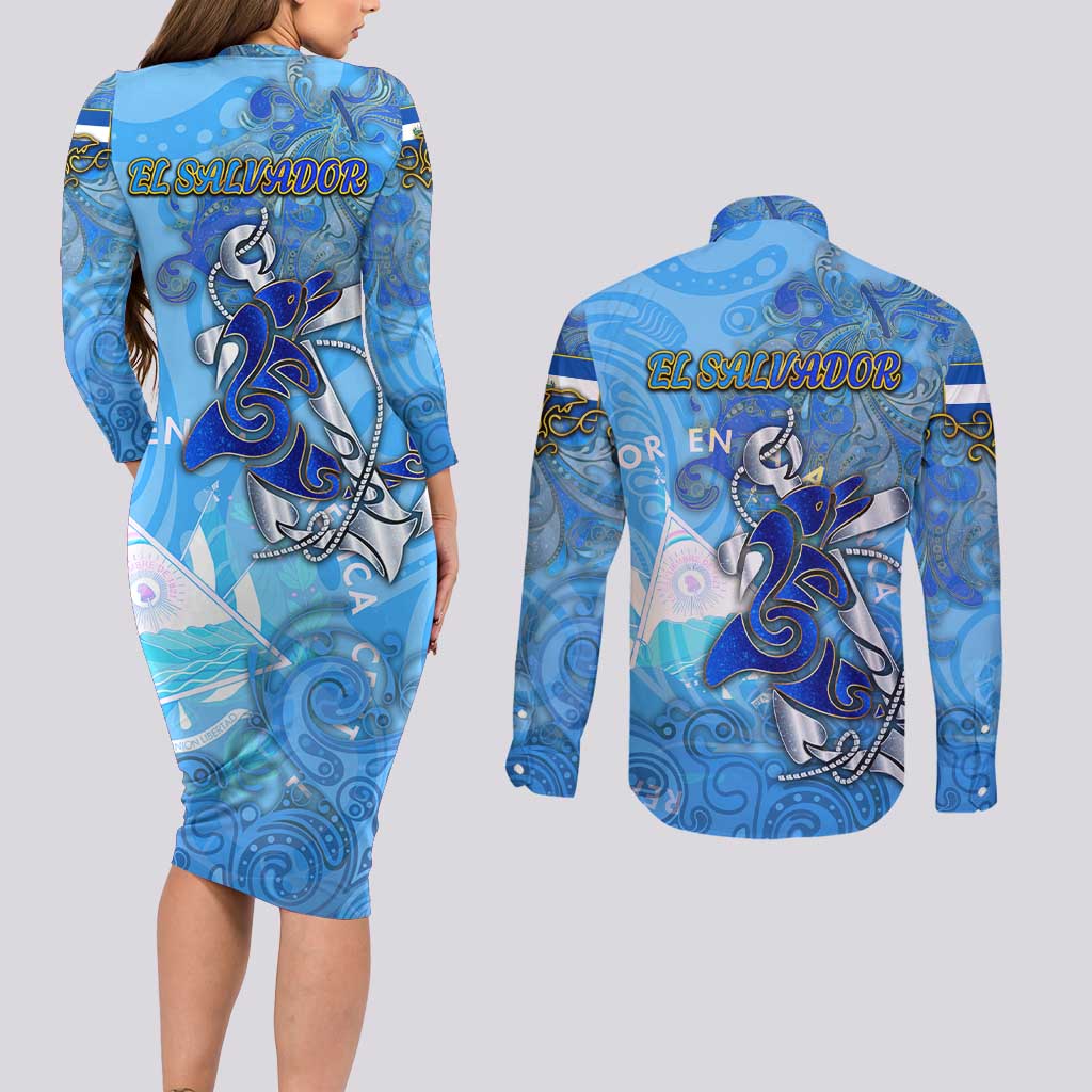 Ocean Spirit of El Salvador Couples Matching Long Sleeve Bodycon Dress and Long Sleeve Button Shirt Anchored in Salvadoran Pride - Aussie Hoodie