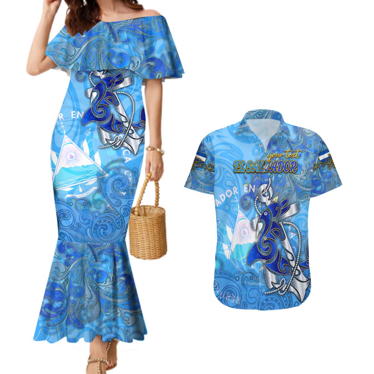 Ocean Spirit of El Salvador Couples Matching Mermaid Dress and Hawaiian Shirt Anchored in Salvadoran Pride - Aussie Hoodie