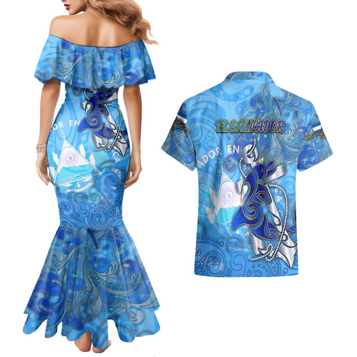 Ocean Spirit of El Salvador Couples Matching Mermaid Dress and Hawaiian Shirt Anchored in Salvadoran Pride - Aussie Hoodie