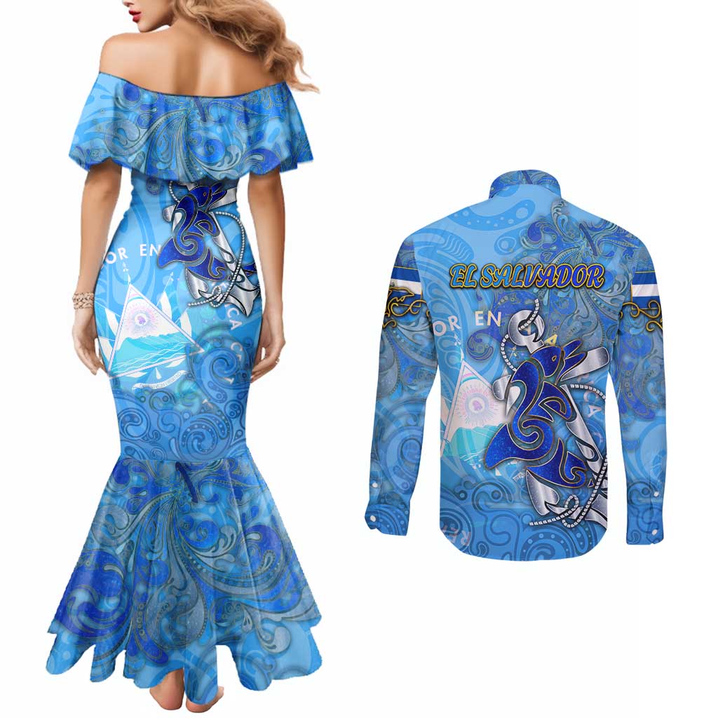 Ocean Spirit of El Salvador Couples Matching Mermaid Dress and Long Sleeve Button Shirt Anchored in Salvadoran Pride - Aussie Hoodie