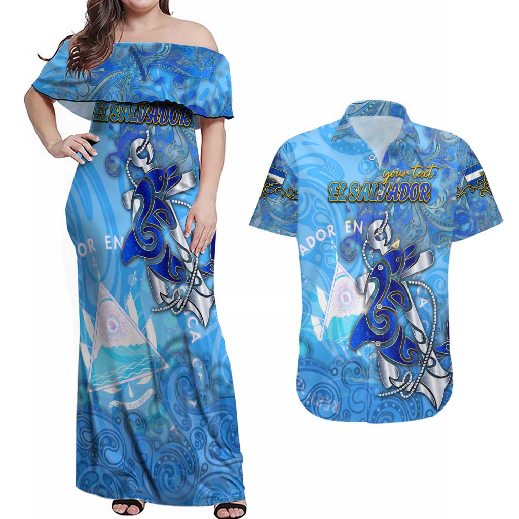 Ocean Spirit of El Salvador Couples Matching Off Shoulder Maxi Dress and Hawaiian Shirt Anchored in Salvadoran Pride - Aussie Hoodie
