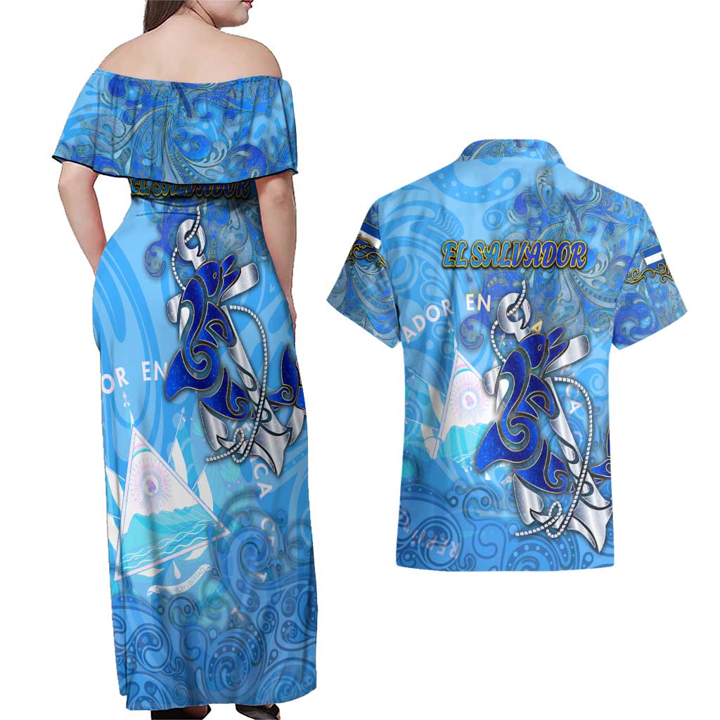 Ocean Spirit of El Salvador Couples Matching Off Shoulder Maxi Dress and Hawaiian Shirt Anchored in Salvadoran Pride - Aussie Hoodie
