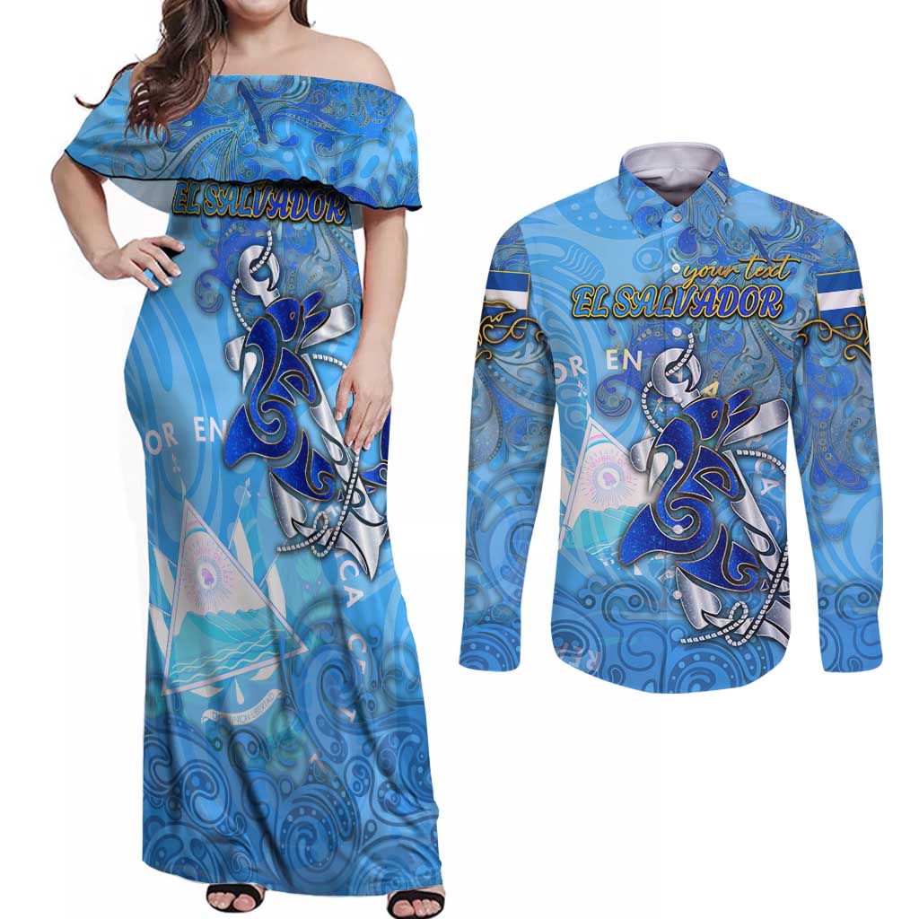 Ocean Spirit of El Salvador Couples Matching Off Shoulder Maxi Dress and Long Sleeve Button Shirt Anchored in Salvadoran Pride - Aussie Hoodie