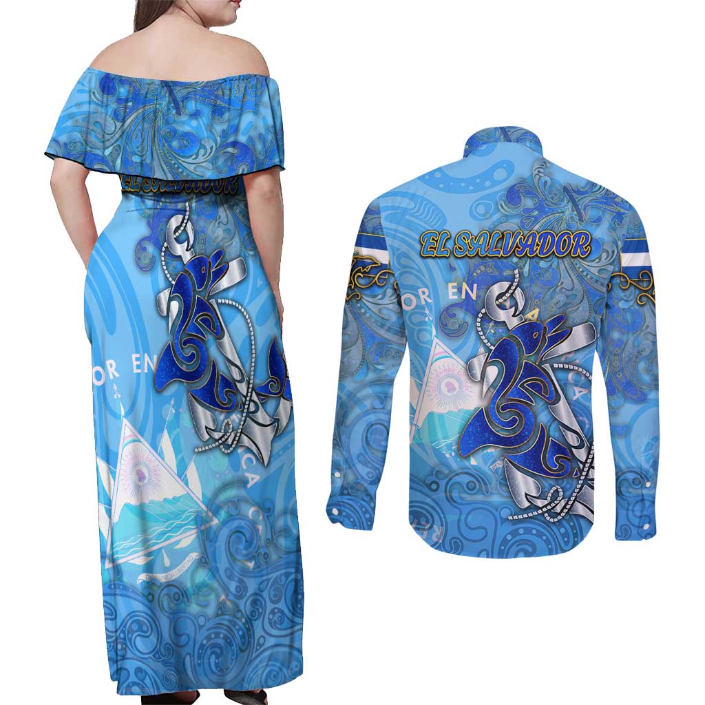 Ocean Spirit of El Salvador Couples Matching Off Shoulder Maxi Dress and Long Sleeve Button Shirt Anchored in Salvadoran Pride - Aussie Hoodie