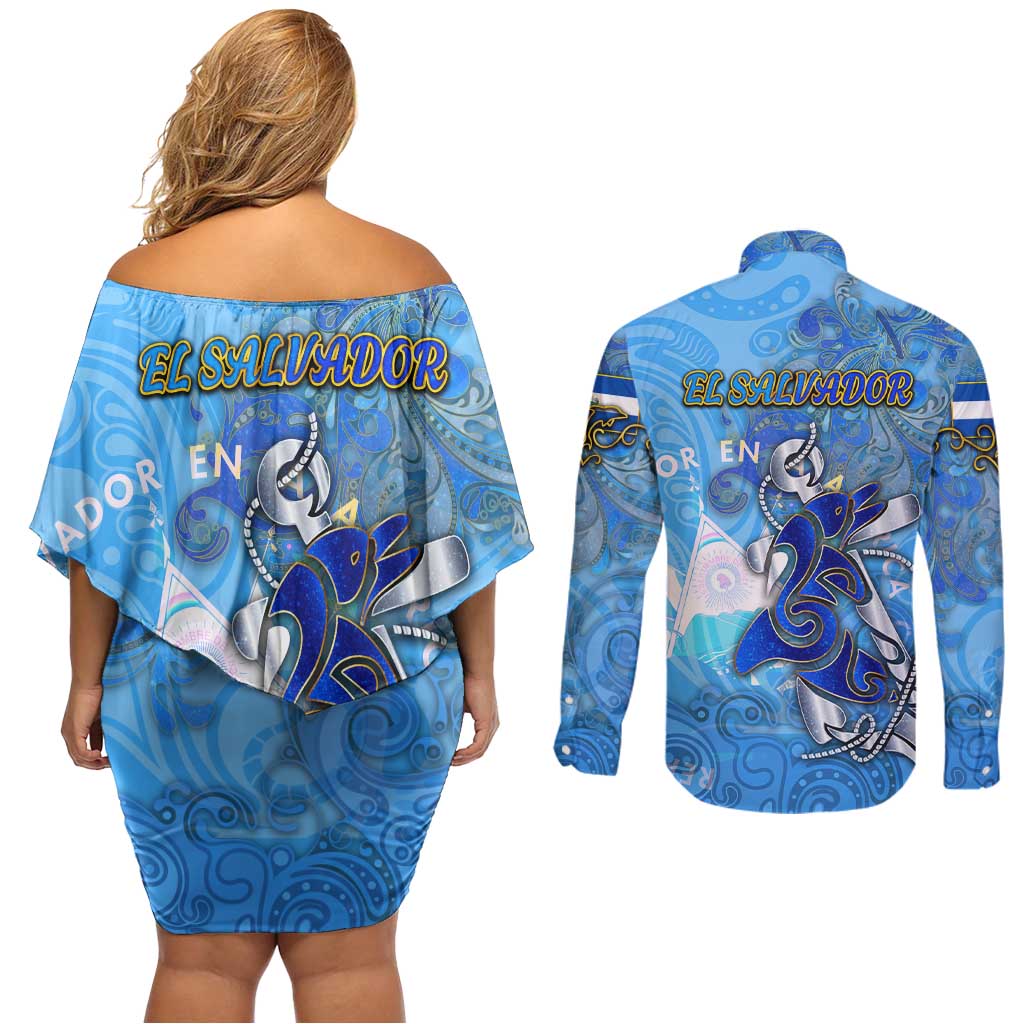 Ocean Spirit of El Salvador Couples Matching Off Shoulder Short Dress and Long Sleeve Button Shirt Anchored in Salvadoran Pride - Aussie Hoodie