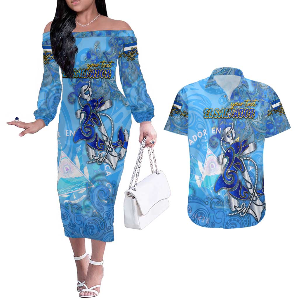 Ocean Spirit of El Salvador Couples Matching Off The Shoulder Long Sleeve Dress and Hawaiian Shirt Anchored in Salvadoran Pride - Aussie Hoodie