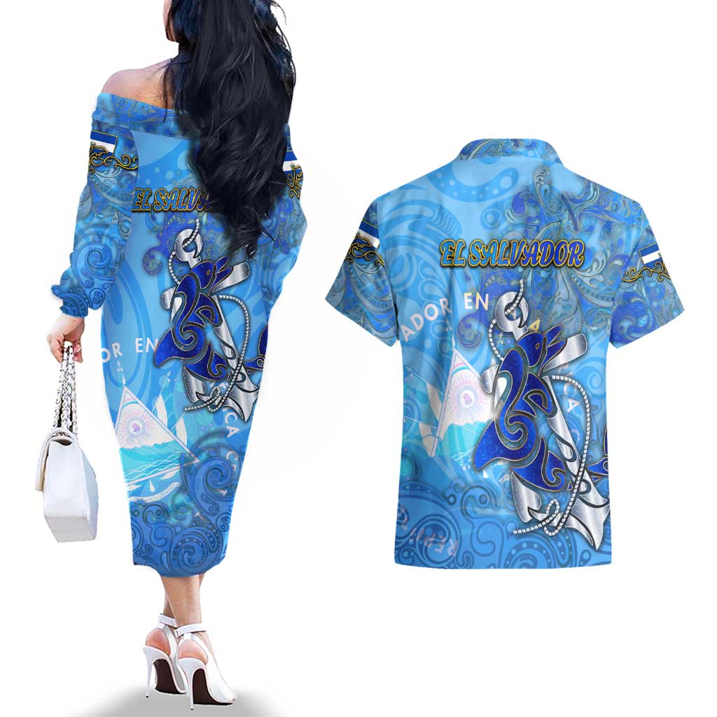 Ocean Spirit of El Salvador Couples Matching Off The Shoulder Long Sleeve Dress and Hawaiian Shirt Anchored in Salvadoran Pride - Aussie Hoodie