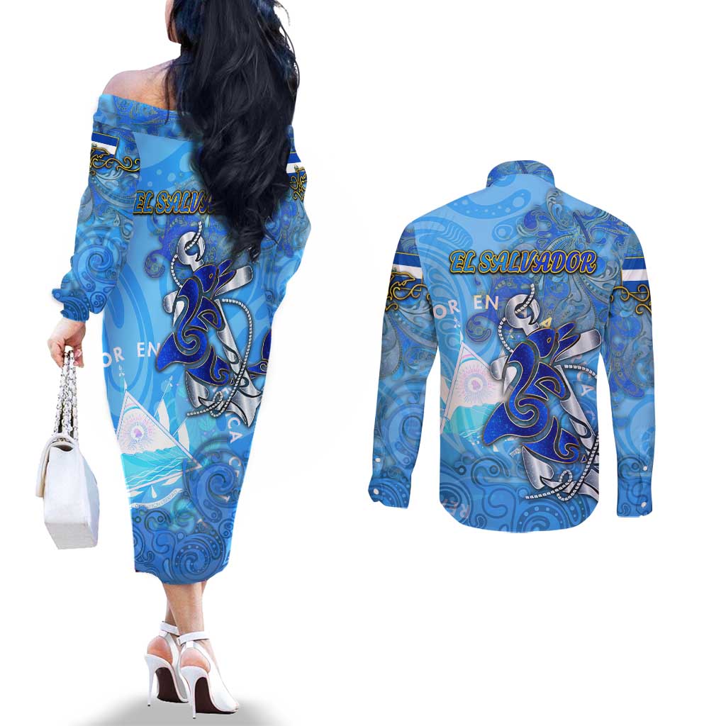 Ocean Spirit of El Salvador Couples Matching Off The Shoulder Long Sleeve Dress and Long Sleeve Button Shirt Anchored in Salvadoran Pride - Aussie Hoodie