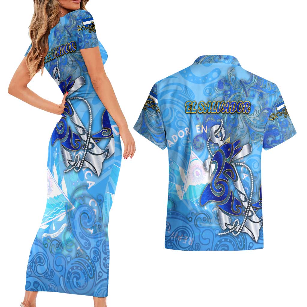 Ocean Spirit of El Salvador Couples Matching Short Sleeve Bodycon Dress and Hawaiian Shirt Anchored in Salvadoran Pride - Aussie Hoodie
