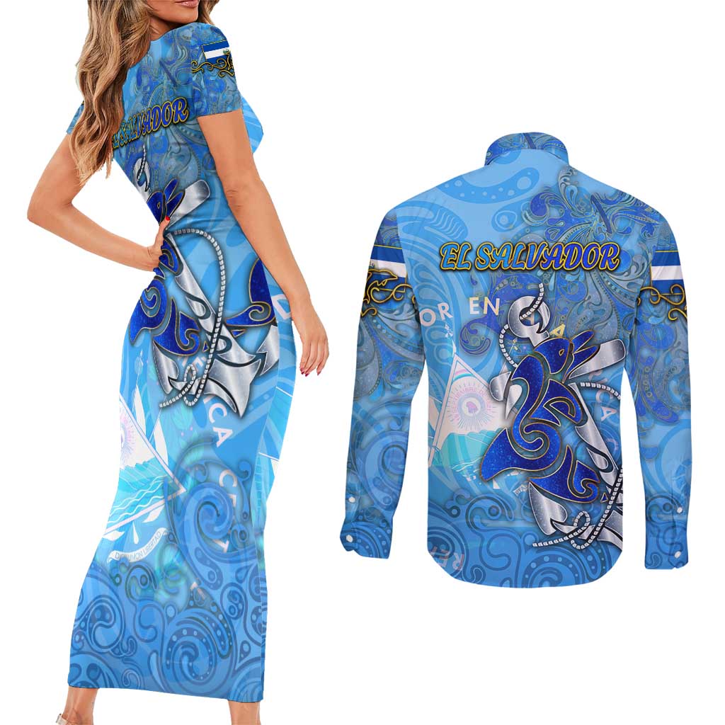Ocean Spirit of El Salvador Couples Matching Short Sleeve Bodycon Dress and Long Sleeve Button Shirt Anchored in Salvadoran Pride - Aussie Hoodie