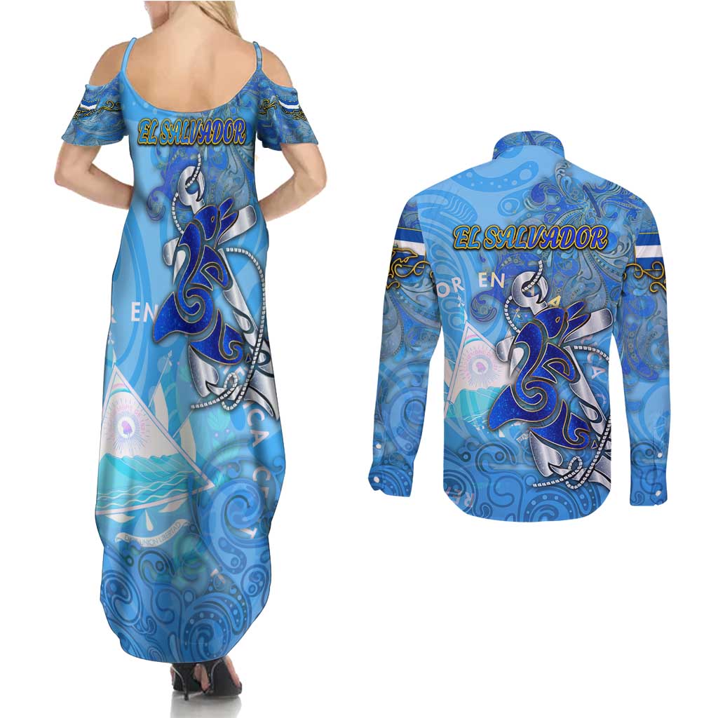 Ocean Spirit of El Salvador Couples Matching Summer Maxi Dress and Long Sleeve Button Shirt Anchored in Salvadoran Pride - Aussie Hoodie