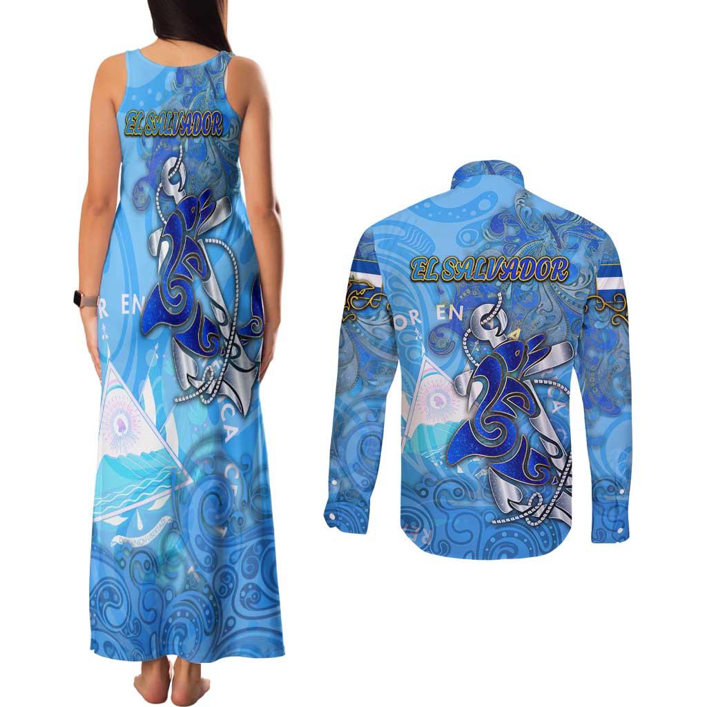 Ocean Spirit of El Salvador Couples Matching Tank Maxi Dress and Long Sleeve Button Shirt Anchored in Salvadoran Pride - Aussie Hoodie