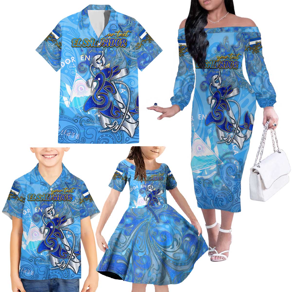 Ocean Spirit of El Salvador Family Matching Off The Shoulder Long Sleeve Dress and Hawaiian Shirt Anchored in Salvadoran Pride - Aussie Hoodie