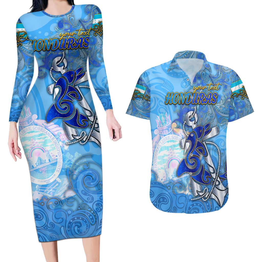 Ocean Spirit of Honduras Couples Matching Long Sleeve Bodycon Dress and Hawaiian Shirt Anchored in Honduran Pride - Aussie Hoodie