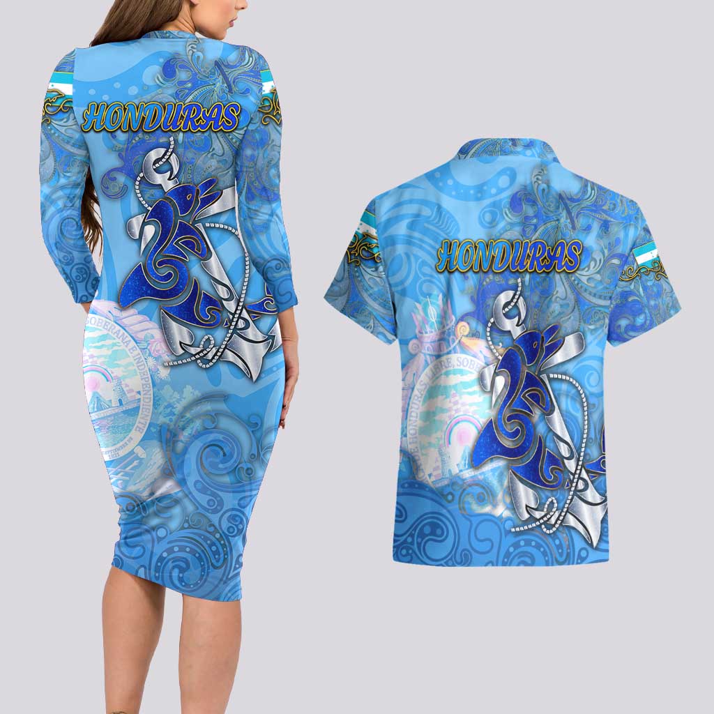 Ocean Spirit of Honduras Couples Matching Long Sleeve Bodycon Dress and Hawaiian Shirt Anchored in Honduran Pride - Aussie Hoodie