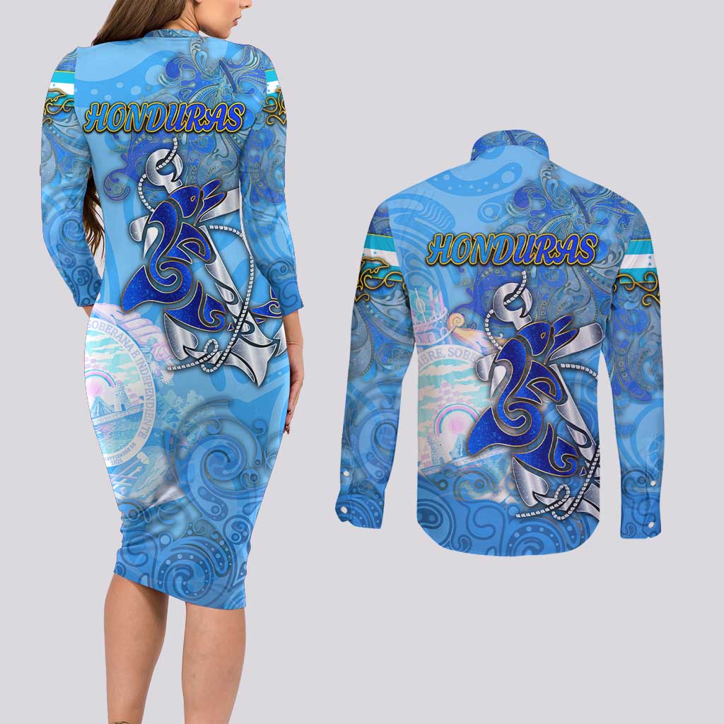 Ocean Spirit of Honduras Couples Matching Long Sleeve Bodycon Dress and Long Sleeve Button Shirt Anchored in Honduran Pride - Aussie Hoodie