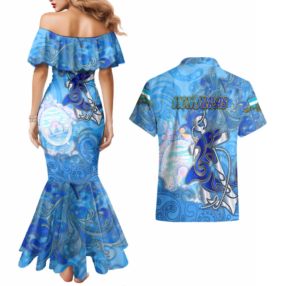 Ocean Spirit of Honduras Couples Matching Mermaid Dress and Hawaiian Shirt Anchored in Honduran Pride - Aussie Hoodie