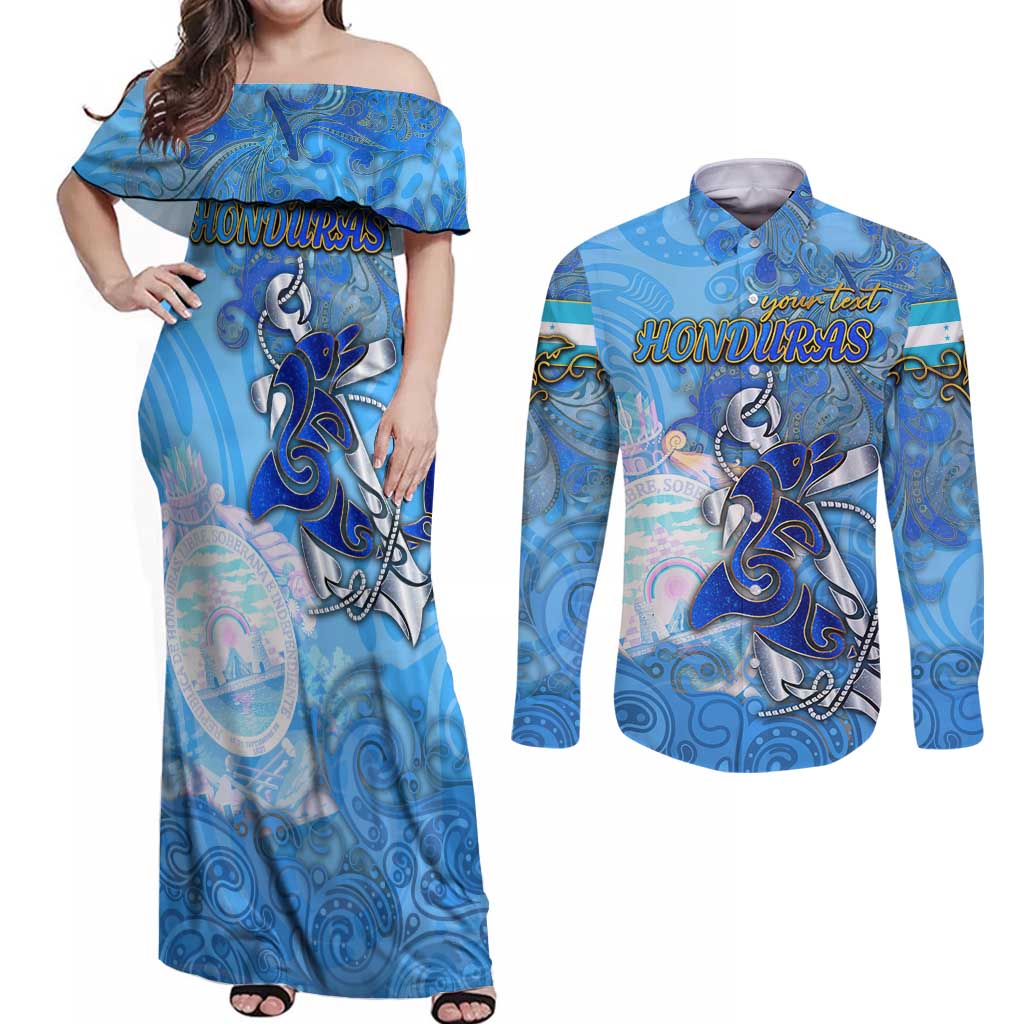 Ocean Spirit of Honduras Couples Matching Off Shoulder Maxi Dress and Long Sleeve Button Shirt Anchored in Honduran Pride - Aussie Hoodie