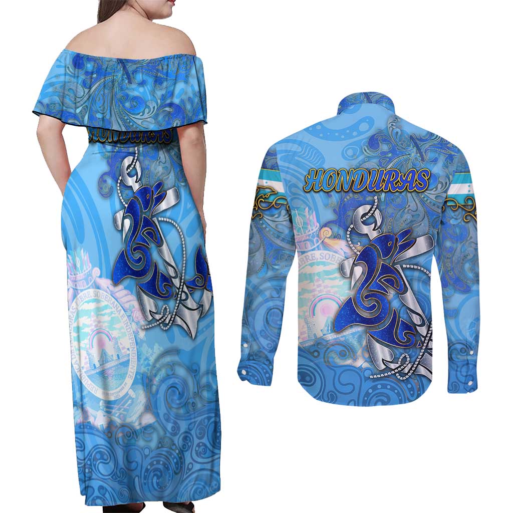 Ocean Spirit of Honduras Couples Matching Off Shoulder Maxi Dress and Long Sleeve Button Shirt Anchored in Honduran Pride - Aussie Hoodie