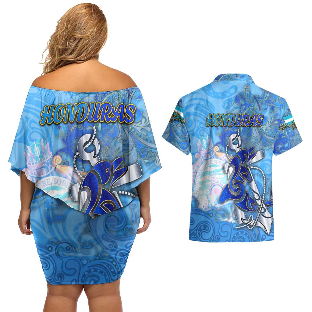 Ocean Spirit of Honduras Couples Matching Off Shoulder Short Dress and Hawaiian Shirt Anchored in Honduran Pride - Aussie Hoodie