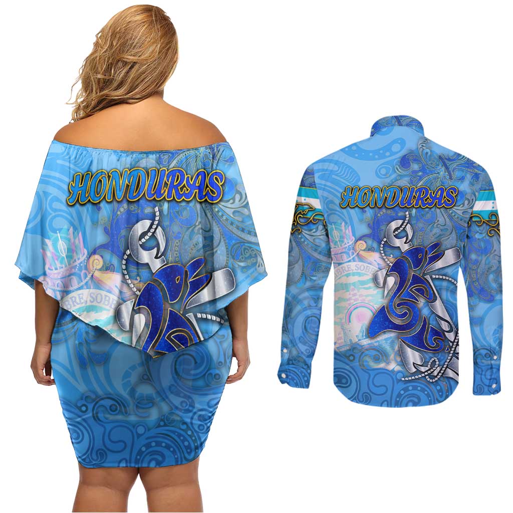 Ocean Spirit of Honduras Couples Matching Off Shoulder Short Dress and Long Sleeve Button Shirt Anchored in Honduran Pride - Aussie Hoodie