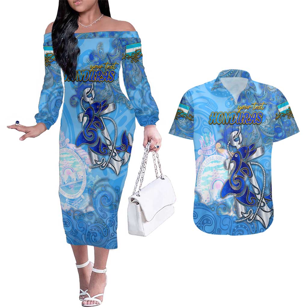 Ocean Spirit of Honduras Couples Matching Off The Shoulder Long Sleeve Dress and Hawaiian Shirt Anchored in Honduran Pride - Aussie Hoodie