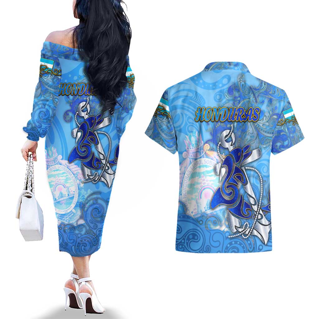 Ocean Spirit of Honduras Couples Matching Off The Shoulder Long Sleeve Dress and Hawaiian Shirt Anchored in Honduran Pride - Aussie Hoodie