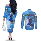 Ocean Spirit of Honduras Couples Matching Off The Shoulder Long Sleeve Dress and Long Sleeve Button Shirt Anchored in Honduran Pride - Aussie Hoodie