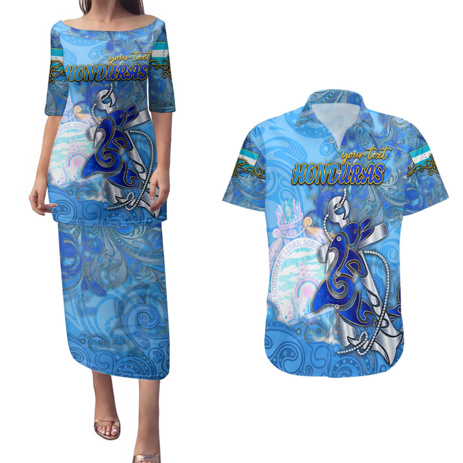 Ocean Spirit of Honduras Couples Matching Puletasi and Hawaiian Shirt Anchored in Honduran Pride - Aussie Hoodie